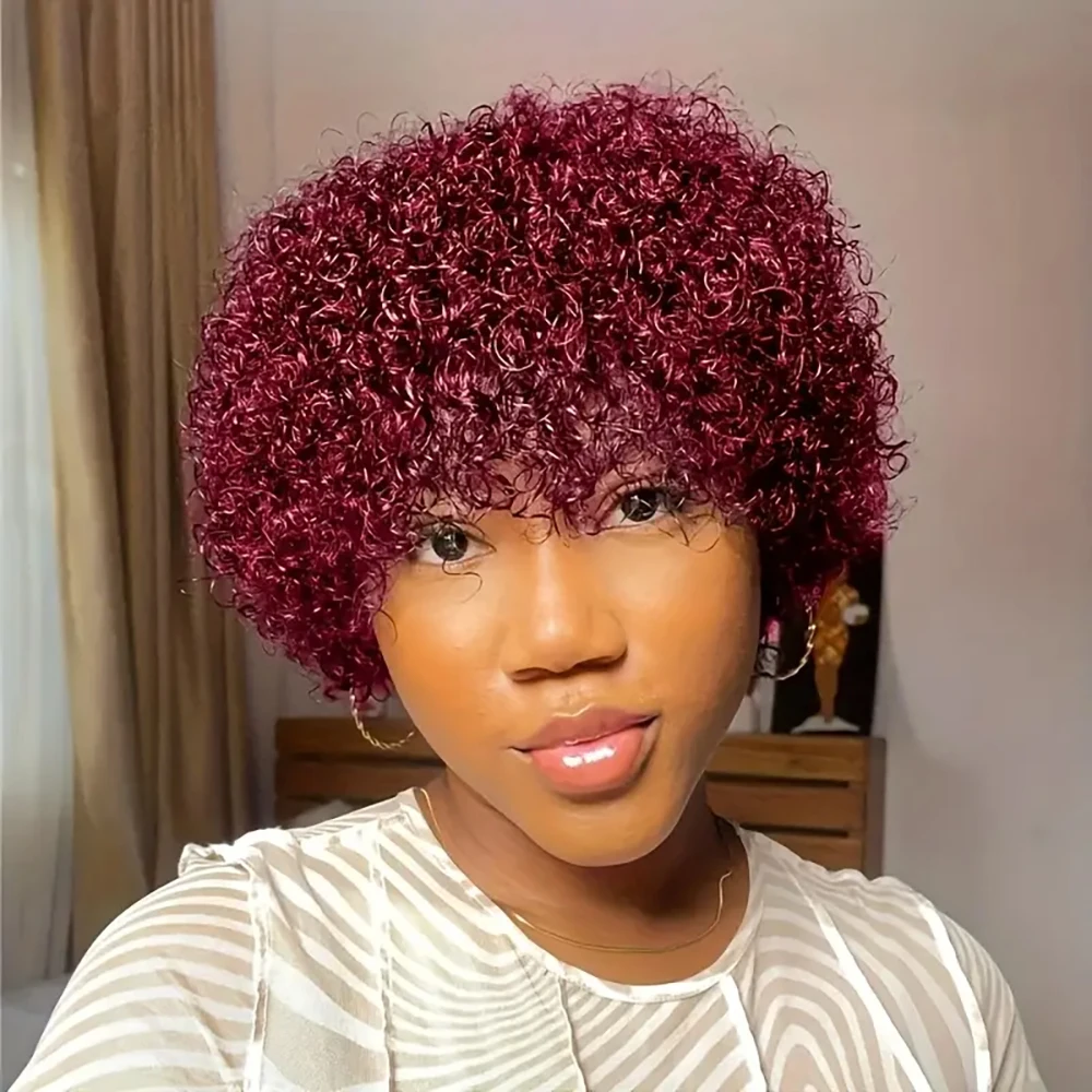 짧은 픽시컷 가발 브라질산 인모 가발 버건디 딥 웨이브 컬리 머신 메이드 스트레치 캡 흑인 여성용 딥 웨이브 컬리