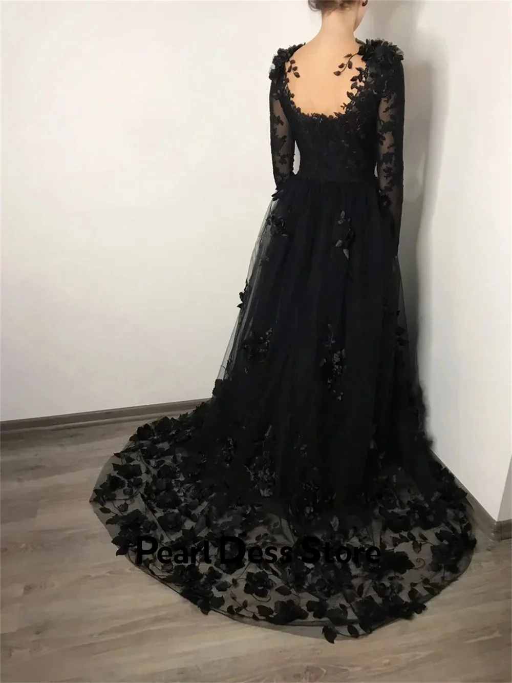 Pearl Gala Dresses Woman 2024 for Party Dress Lace Embroidered Long Sleeve A Line Sexy Black 3D Flowers Women Evening Dress Gown