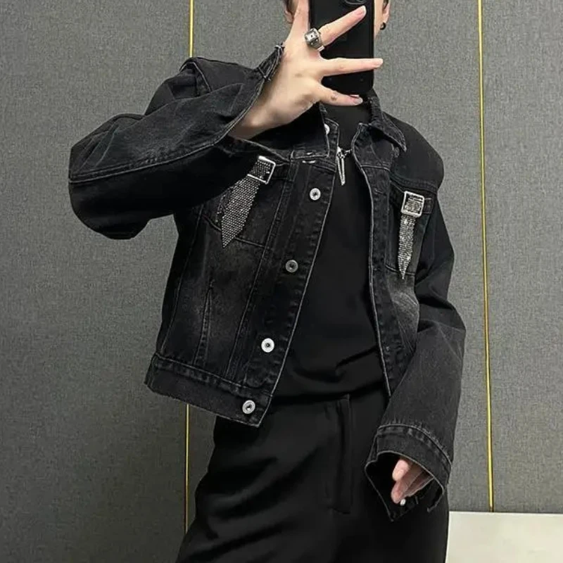 

Autumn Rhinestone Cowboy Coat for Men in Lowest Price Branded Worn Loose Size L Original Vintage High Quality Denim Jackets Man