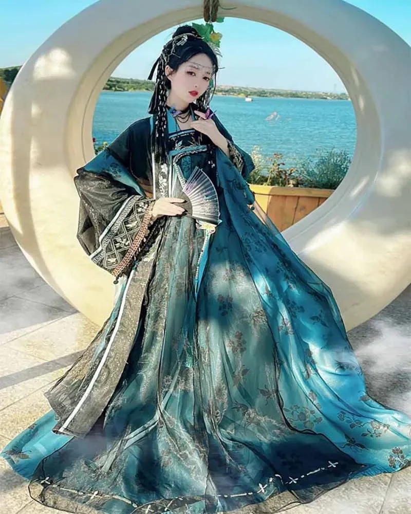 Strój Hanfu z dynastii Tang, starożytny tradycyjny haft, kostium do cosplay, fioletowo-niebieska sukienka Hanfu, popularna chińska sukienka Hanfu dla kobiet QWRE