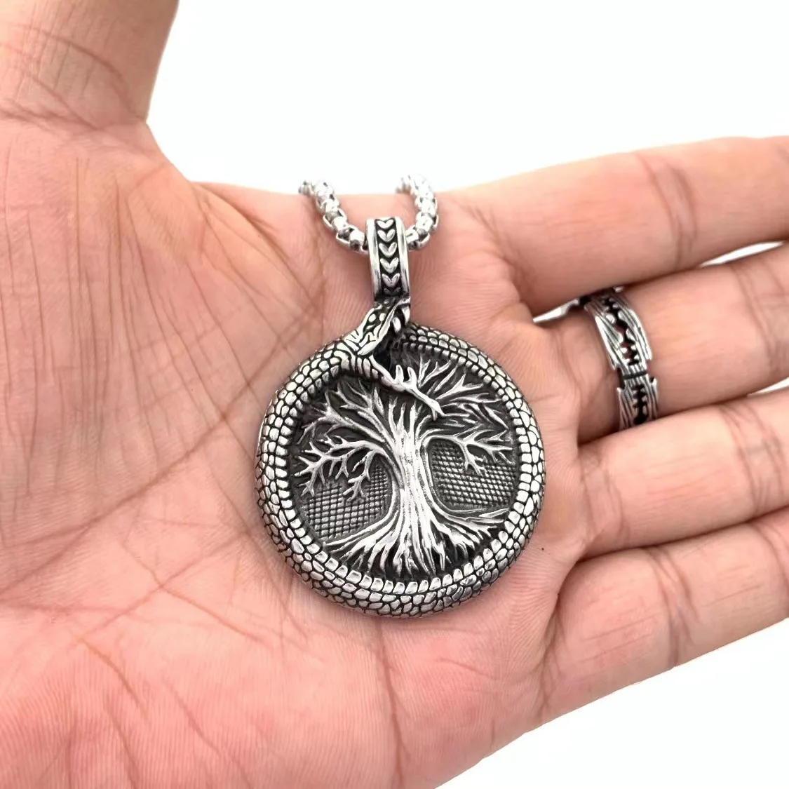 NEW Nordic Yggdrasil Viking Tree of Life Pendant Necklace Stainless Steel Vintage Ouroboros Necklace Men Amulet Jewelry