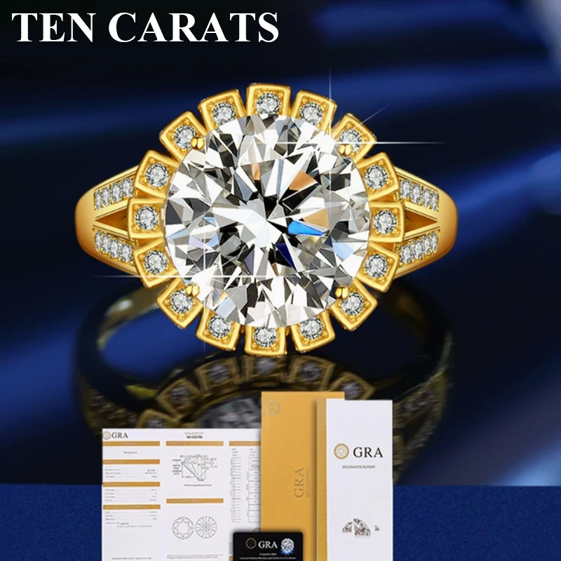 

TEN CARATS 925 Sterling Silver Moissanite Ring 5 Carat Round Cut Luxury Statement Ring with GRA Certificate for Women