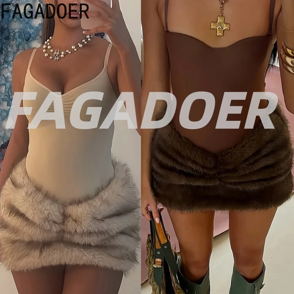 

FAGADOER Sexy Woman 2 Piece Set Outfit Spaghetti Strap Sleeveless Backless Playsuits + Fur Patchwork Skirts Female Streetwear