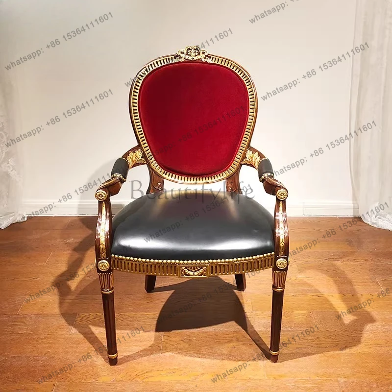 French British all-solid wood round-back leather fabric dining chair shell gold-painted chair