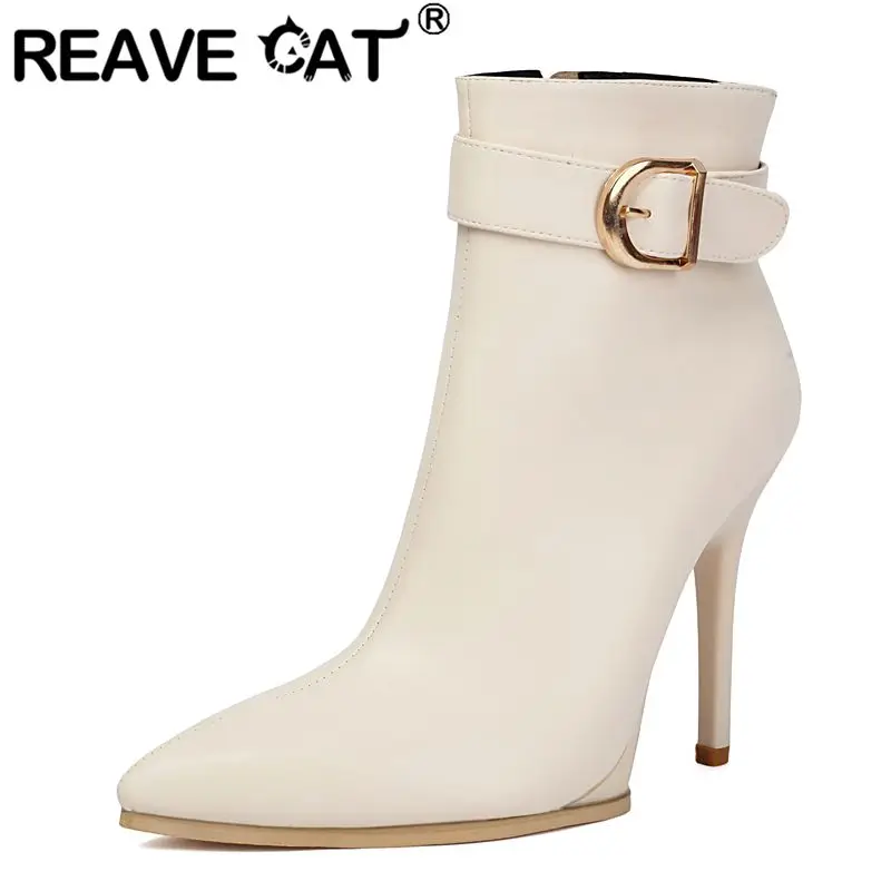 

ORCHA LISA Black Women Ankle Boots Pointed Toe 11cm Thin High Heels Zipper Belt Buckle Big Size 40 41 Sexy Dating Short Booties