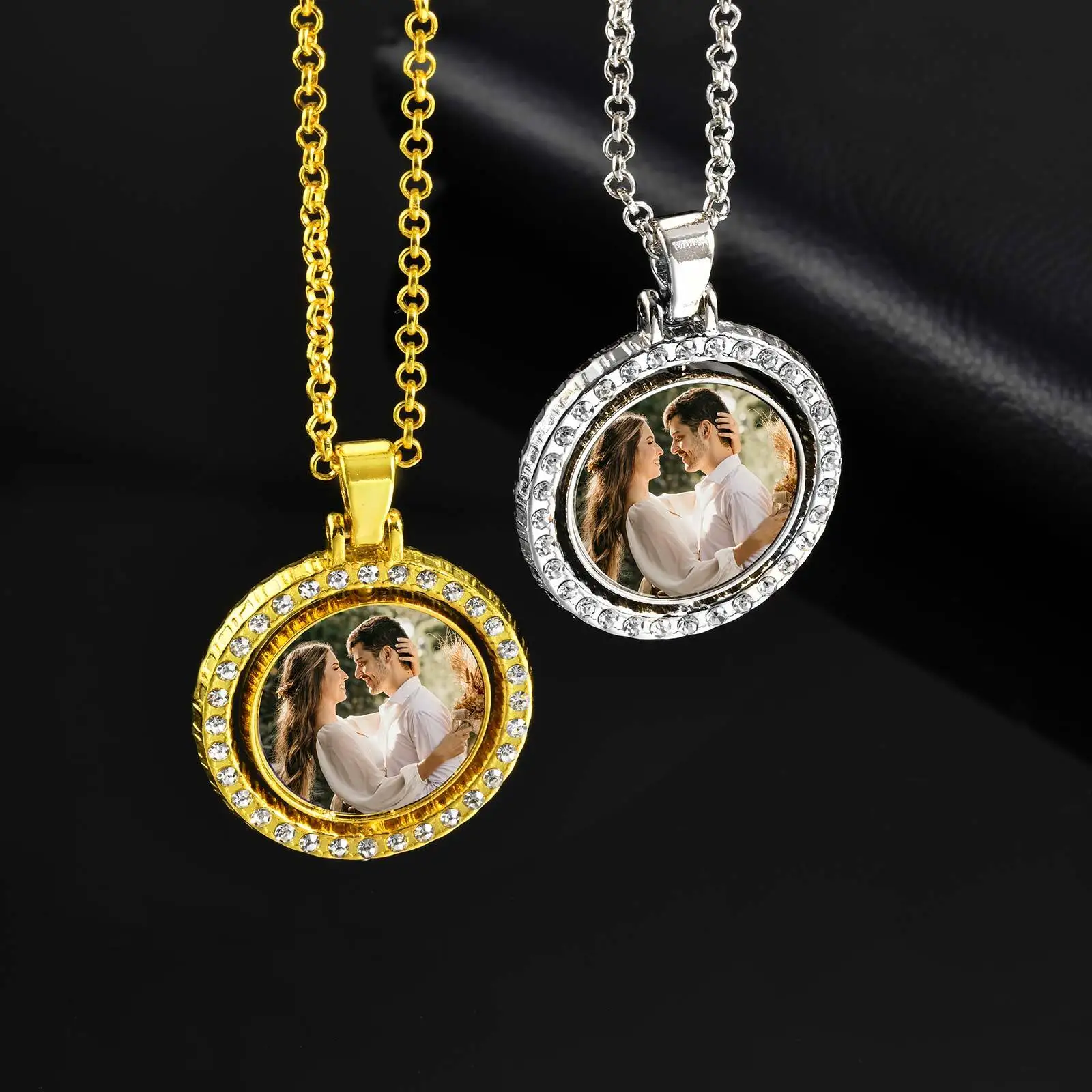 Spinner Two Photo Necklace for Men Boys,Hip Hop Custom Picture Round Pendant Necklace,Birthday Party Gift