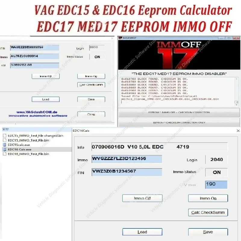 Software 3 in 1 for VAG EDC15 & EDC16 Eeprom Calculator / Immo / Vin / Mileage / Pin and EDC17 MED17 IMMO Off in Eeprom or Flash