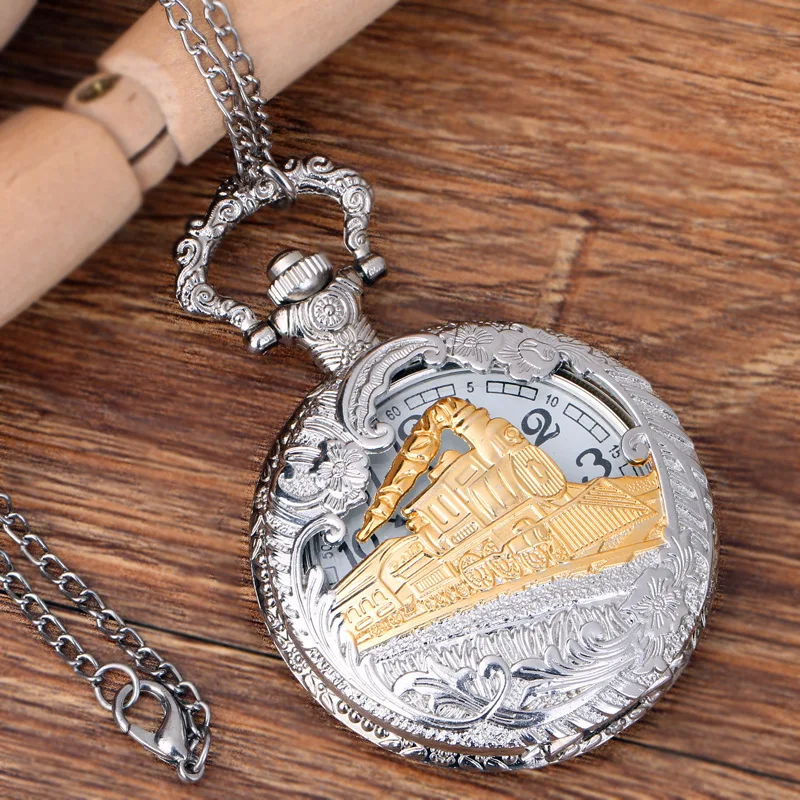 Antique Pocket Watches Men Women Fashion Quartz Clock Bronze Train Design Alloy Pocket Watch With Chain Necklace