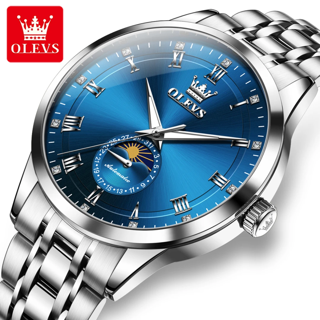 

OLEVS 7063 Механические модные часы в подарок с круглым циферблатом из нержавеющей стали, ремешок для часов, наручные часы с фазой Луны, светящиеся