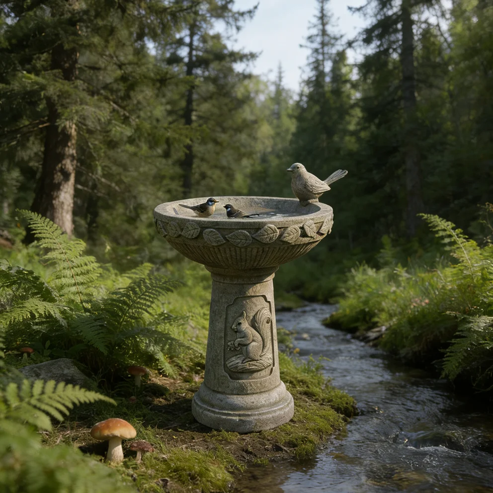 Wildlife Bird Bath For Garden With Squirrel And Bird Carvings, Stone-Look Resin Basin For Bird Drinking And Bathing