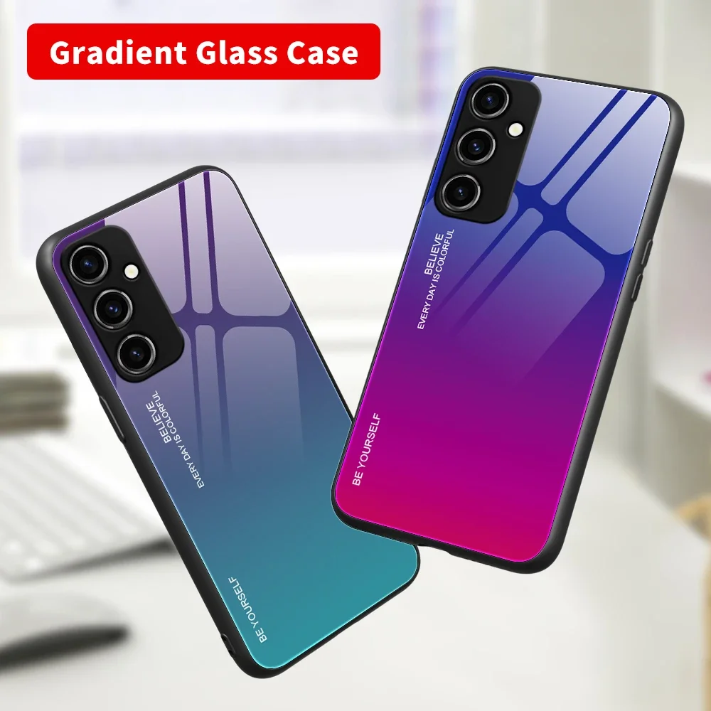 Tempered Glass Case For Samsung Galaxy A55 A35 A54 A34 A14 A33 A53 A23 A24 A15 Gradient Fade Colorful Silicone Back Case Cover