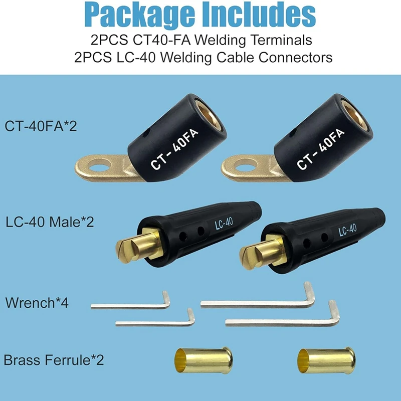 2PCS CT-40FA Welding Terminals & 2PCS LC-40 Welding Cable Connectors,For Welding Machine, 1/0 And 2/0