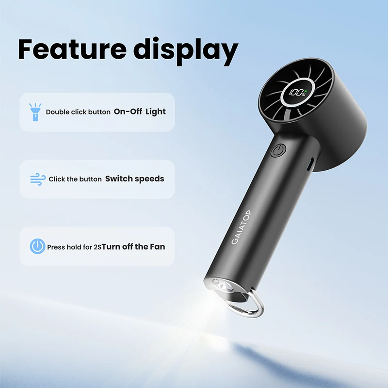 GAIATOP مروحة صغيرة محمولة، مروحة محمولة مع شاشة LED ومصباح يدوي، 3 سرعات 2000 مللي أمبير في الساعة USB مروحة بطارية قابلة للشحن