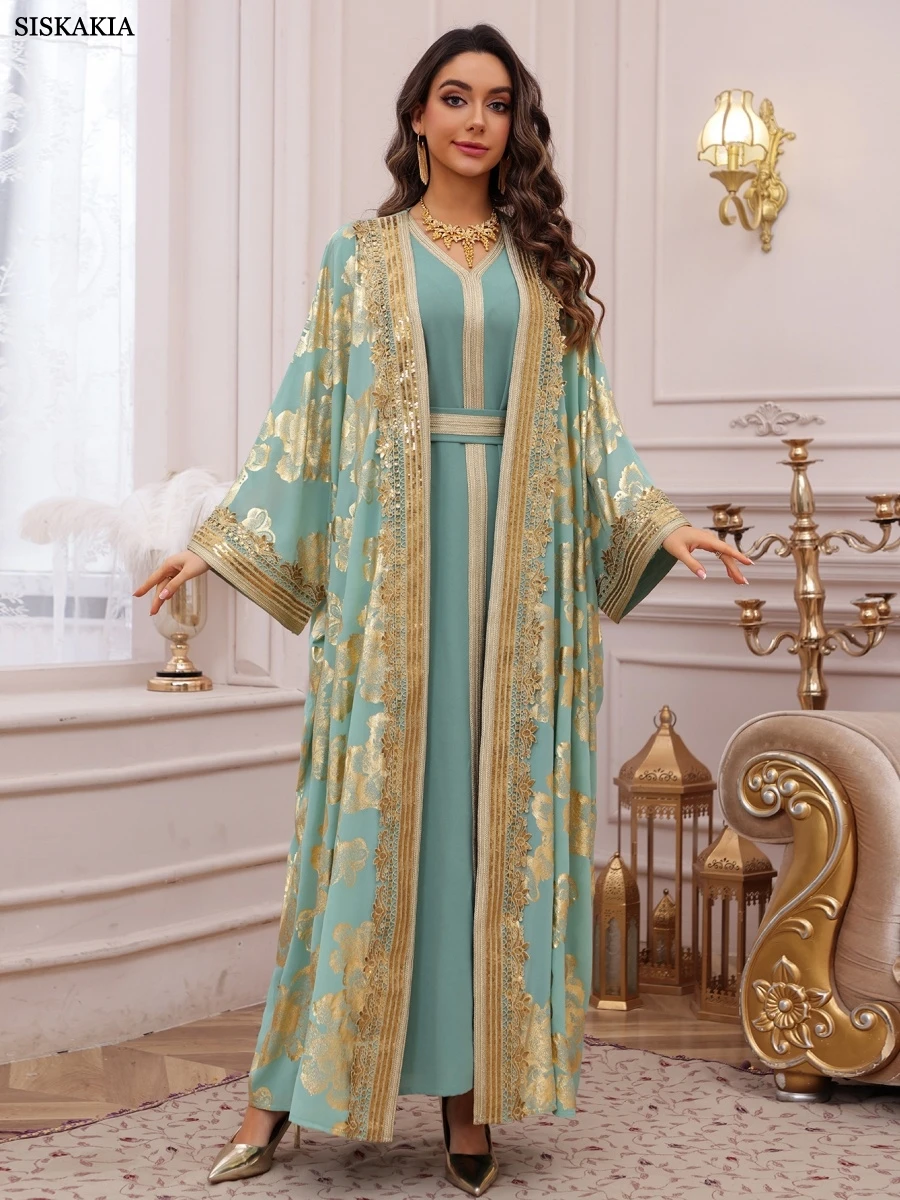 

Siskakia Luxury Gold Stamping Women Abayas Belt included Two-Piece Set Muslim Elegant Women Evening Dress