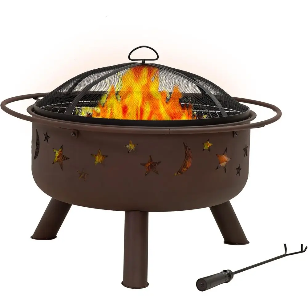 Outdoor 30 Wood-burning Patio Fire Pit with Grill, Screen, and Poker
