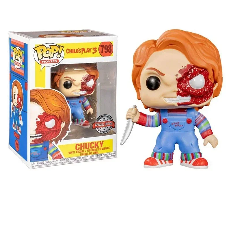 FUNKO POP 2025 Nuevas películas de terror Figura de vinilo para juegos infantiles # 798 Juguetes de figuras de acción de la colección Chucky dañados de media batalla