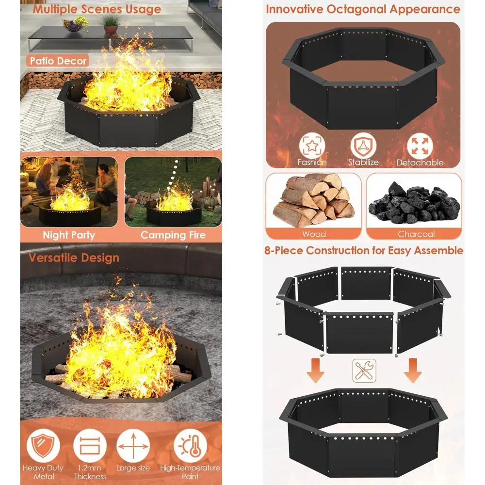 

Уличная восьмиугольная чаша для костра (40 дюймов) с внутренним диаметром 36 дюймов, большой стальной вкладыш, подходит для сжигания дров, для самостоятельной установки или встраивания в землю