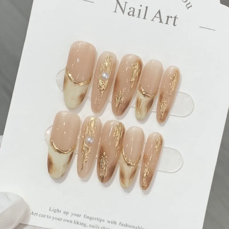 10 Stuks Handgemaakte Valse Nagels Ballet Draagbare Maillard Stijl Kunstnagel Met Lijmpers Op Nagels Afneembare Amandel Nagel Tips