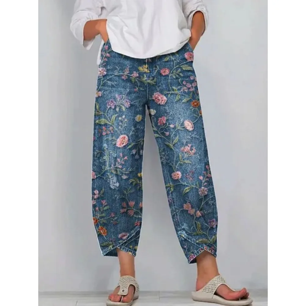 Damen Baumwoll-Caprihose mit Blumenmuster, Lässige Weite Haremshose in Knöchellänge mit Tulpenabschluss, Jogginghose für Tägliche Outdoor-Aktivitäten – Detail 7