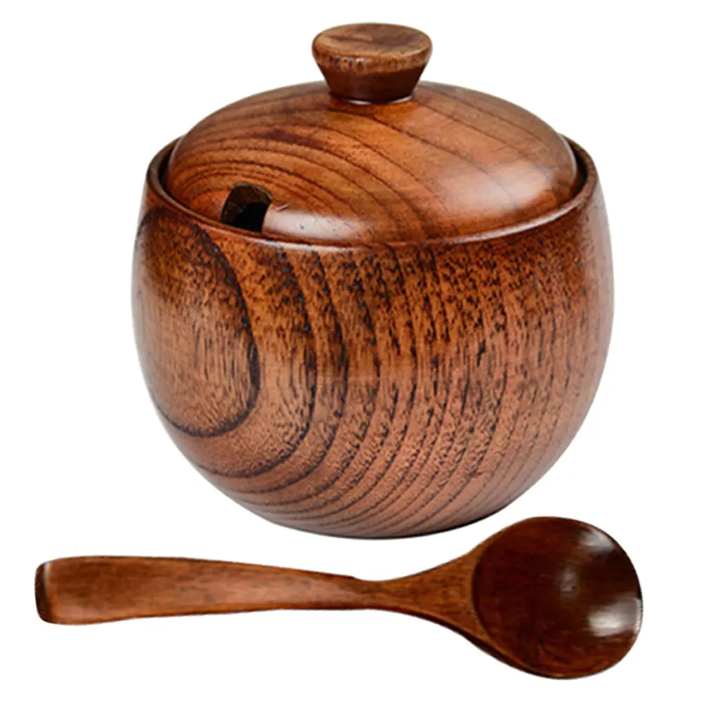 

1 set Wooden Seasoning Bowl With Lid Spoon Vintage Salt Sugar Spice Jar Storage Container Household Condiment Holder Tea