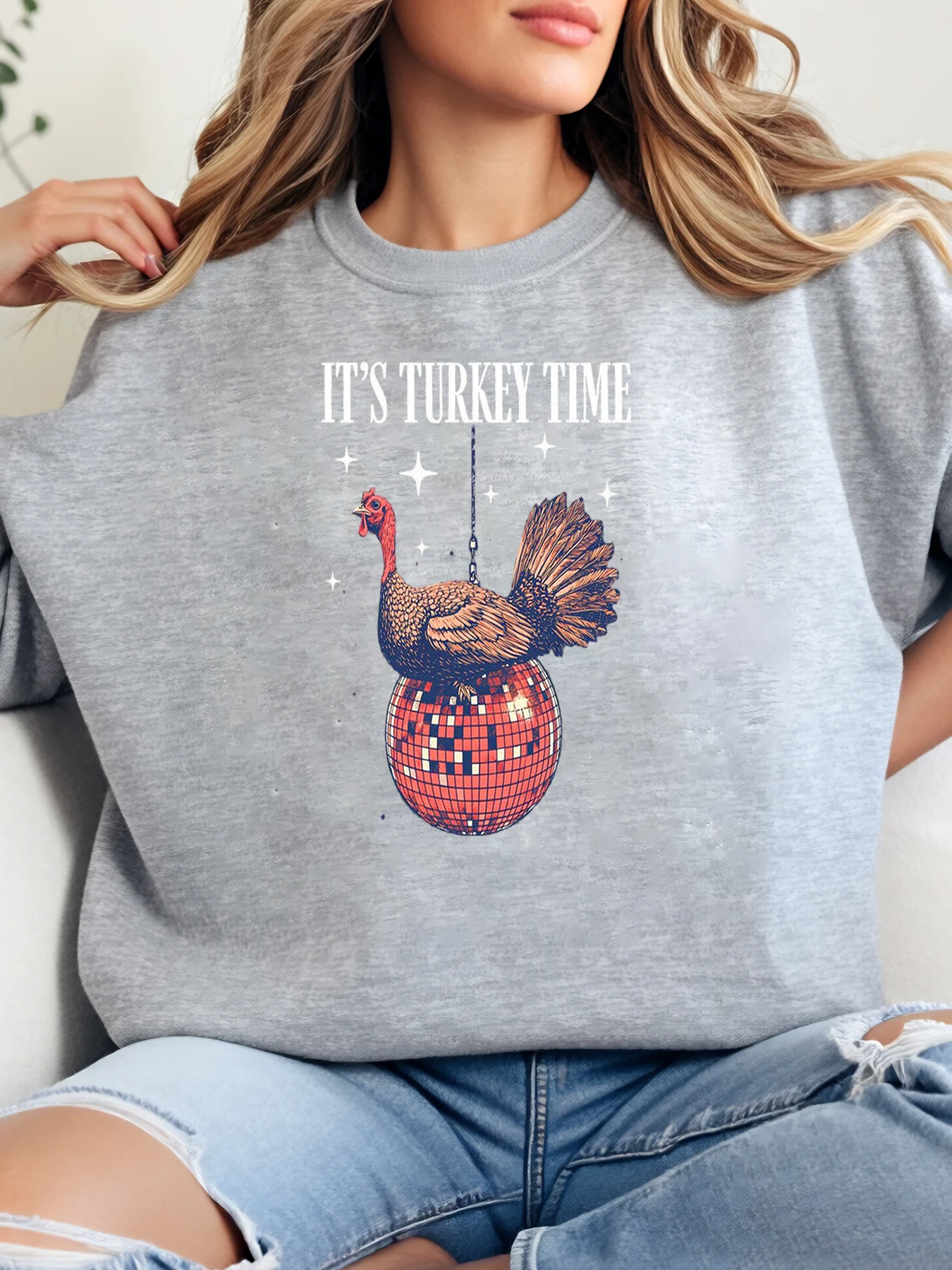 

Turkey Disco Ball Print It's Turkey Time Thanksgiving Sweatshirt Women Casual Party Wear Gray Plus-Size