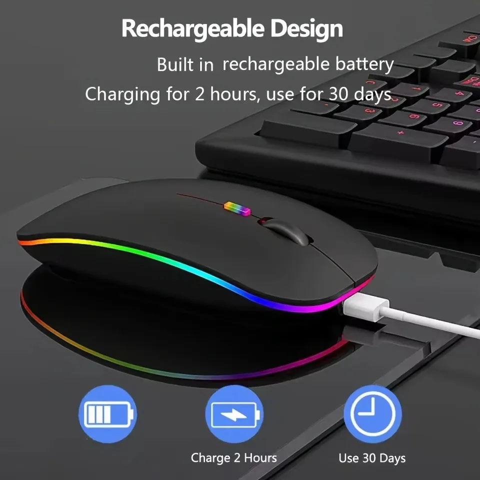 Rato sem fio bluetooth com luz de fundo led mouse com adaptador usb 2.4ghz mouse para jogos adequado para mac/laptop/windows (2 peças)