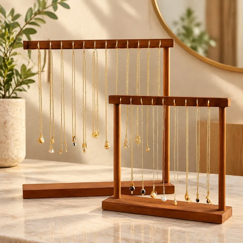 Wooden Jewelry Organizer for Necklaces, Bracelets, and Earrings - Countertop Display Stand with Hanging Hooks