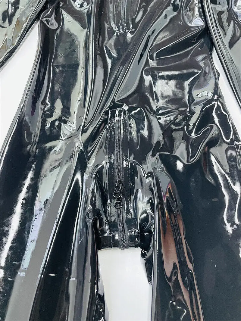 Neck entry Black latex catsuit with gloves toes zip hidden two sheath no zip