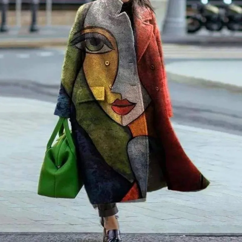 Cárdigan largo con estampado Floral para mujer, chaqueta de manga larga con bolsillo, abrigo de mezcla de lana elegante para otoño e invierno, 2023