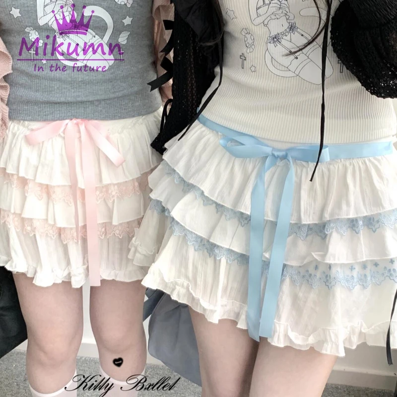 Harajuku Sweet Women Skirts Gothic Y2k Lolita Cartoon Embroidery Lace-up Cake Mini Skirt Japanese Style Girls Kawaii Short Skirt