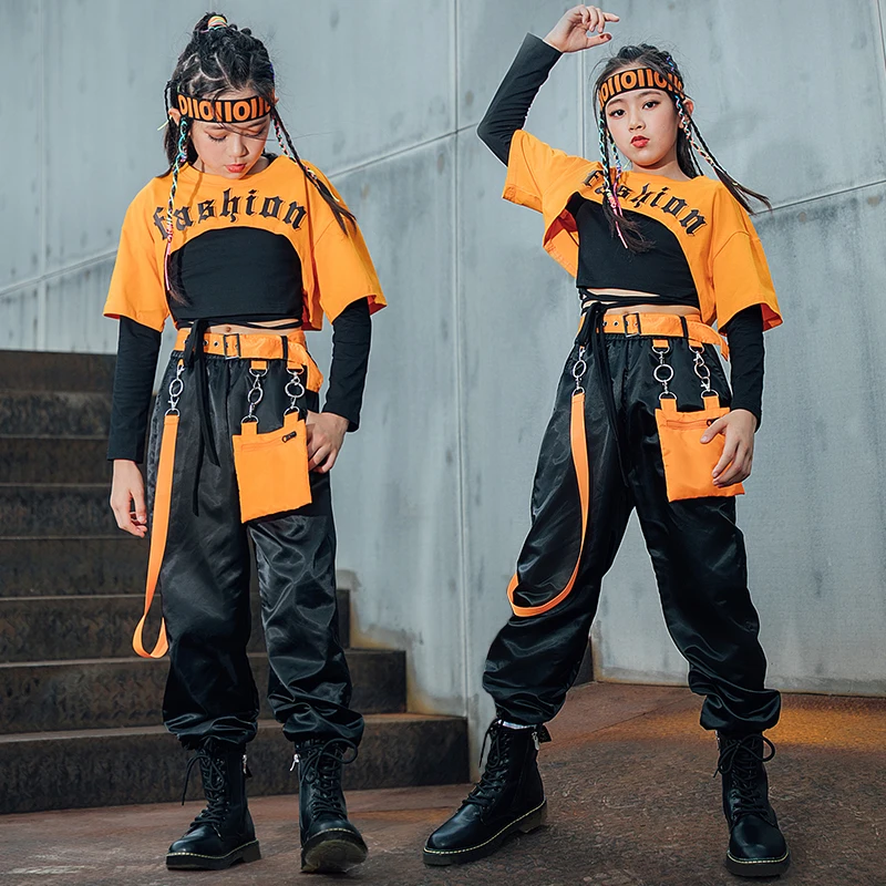 Yellow Crop Tops Cargo Pants Street Dance Outfits Children Hip Hop Clothes Jazz Dance Performance Costumes Rave Clothes