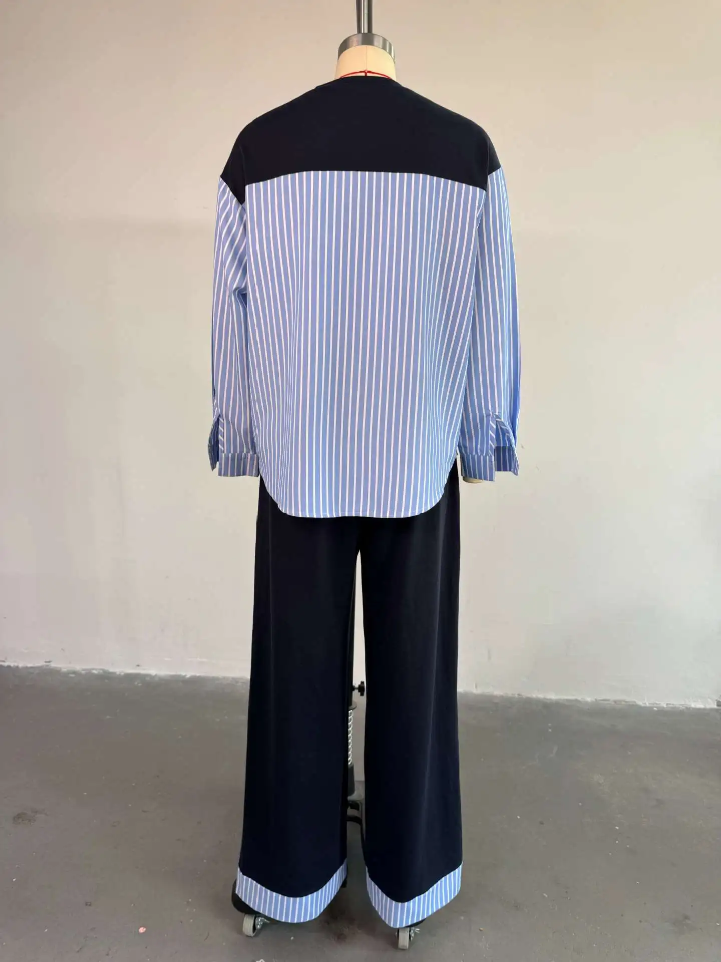 

Woman Casual Trousers Outfits Two Piece Sets Women's Summer New Fashion Round Neck Splicing Striped Top & High Waist Pants Set