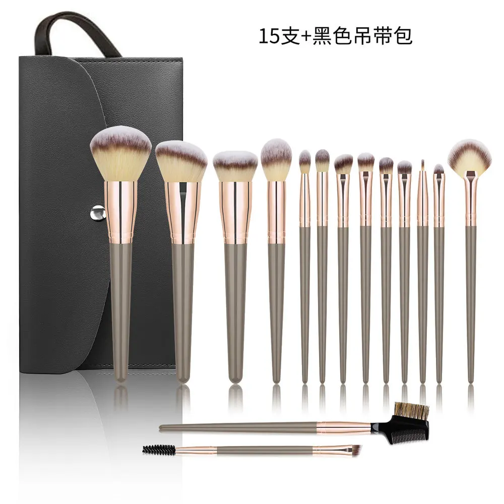 15 Zestaw pędzli do makijażu w kolorze szampańskiego złota, super miękki, gigantyczny zestaw pędzli do makijażu z darmową torbą