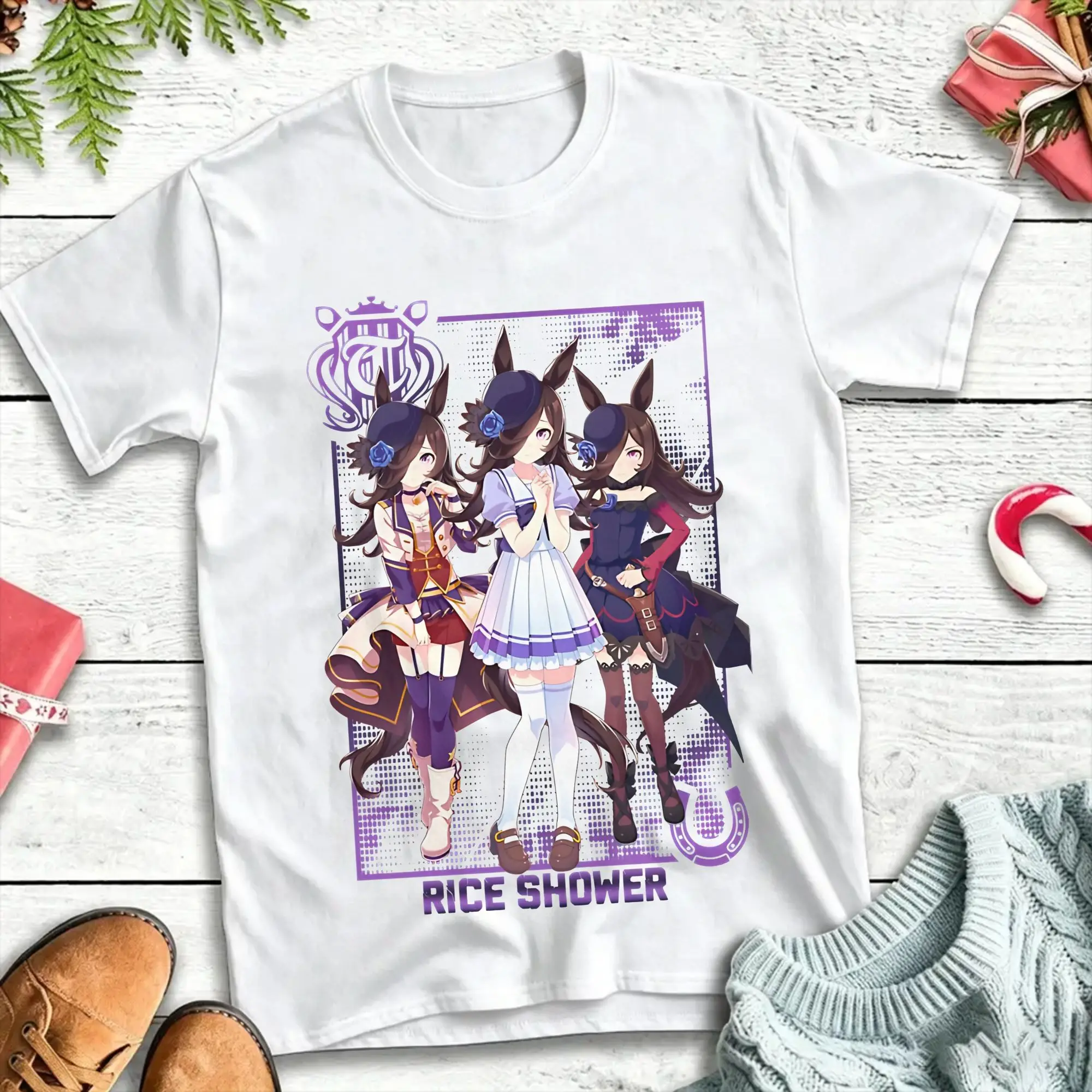 Rice Shower Uma Musume T-Shirts Men Women  Vintage Pure Cotton Tee Shirt Round Neck Short Sleeve T Shirts Summer Clothes