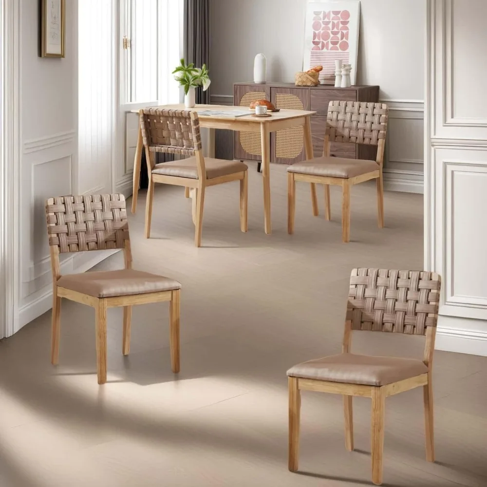 Khaki Woven Wooden Dining Chairs Set of 4 - Armless Mid Century Modern Desk Chairs with Upholstered Farmhouse Style and Rivet &
