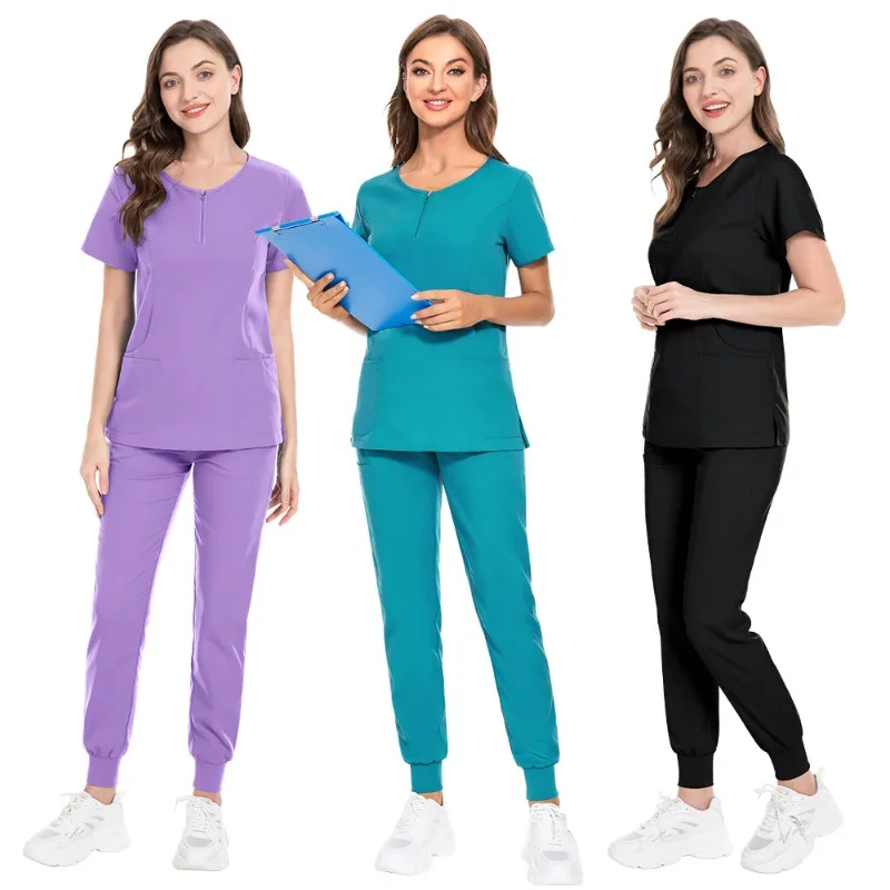 Ladies Medical Scrubs 5-Pocket Zipper V-Neck Uniforms for Nurses & Beauticians Micro Elasticity Hospital/SPA/Dental Clinic Use