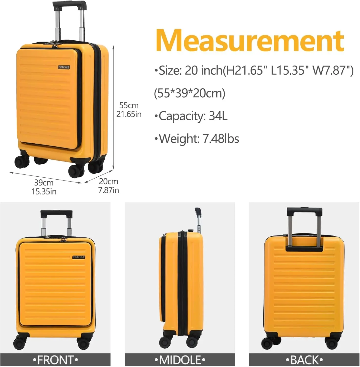 Tydeckare 20-Zoll-Handgepäck mit Front tasche, 21,65*15,35*7.87 "", geeignet für Flugzeug-Überkopf behälter, 34l PC abs