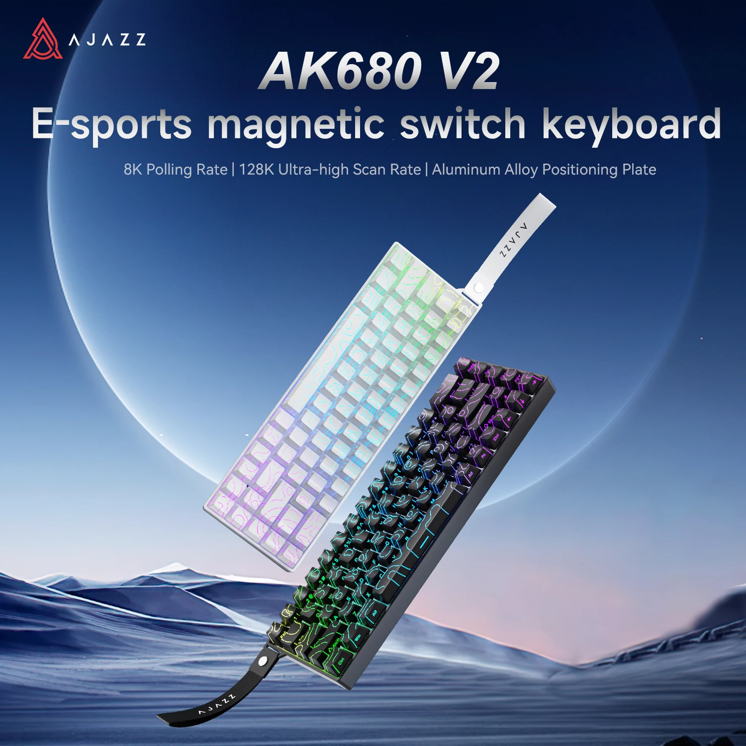 Clavier de jeu filaire RGB AJAZZ AK680 V2 68 %, déclenchement rapide, interrupteurs Ice Isle (fréquence de polling 8K), touches PBT, ergonomique, compatible Win/Mac, fil USB, design ruban, profil OEM