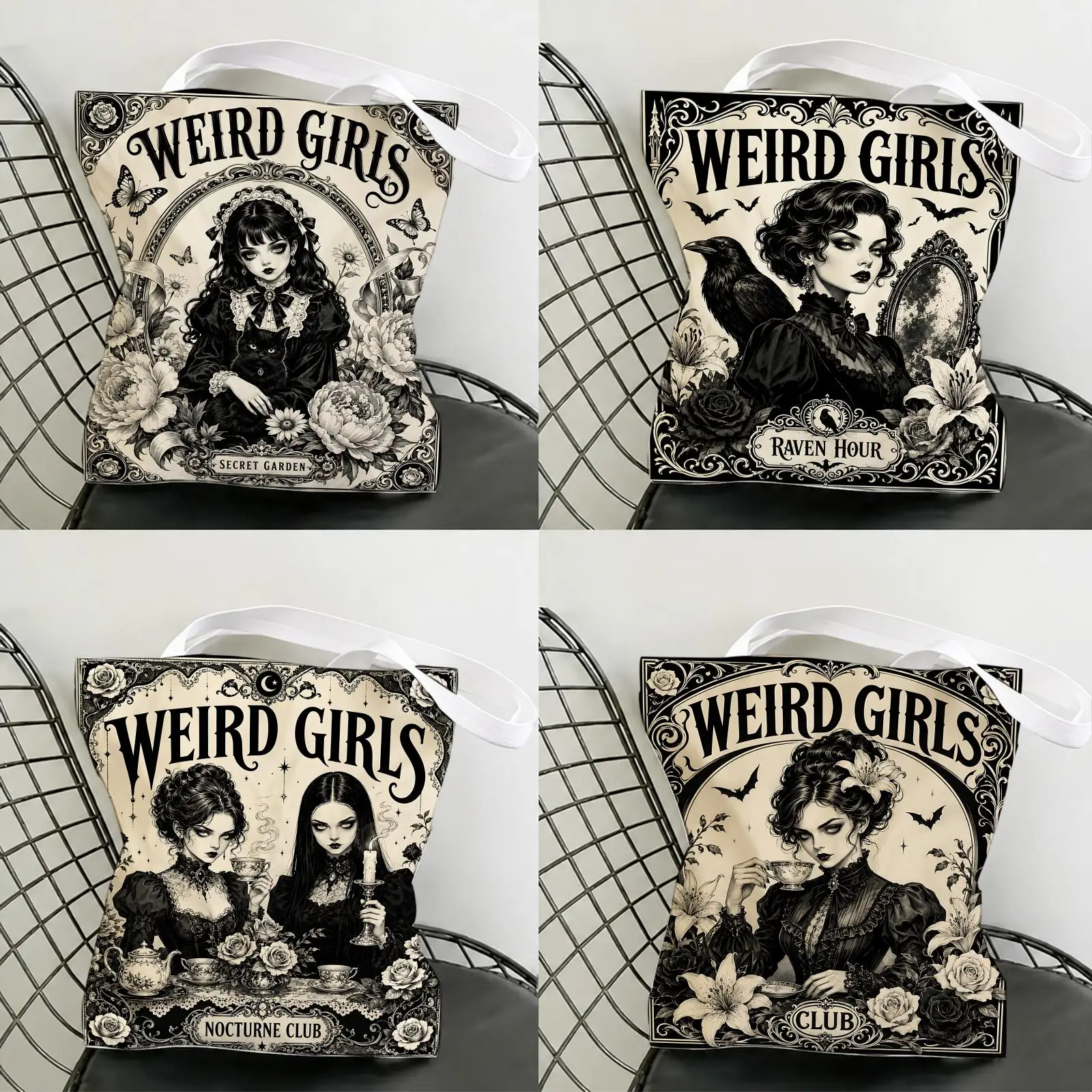 Retro Weird Spicy Girls Club Storage Bags Large-capacity Canvas Eco-friendly Shopping Bag Shoulder Handbag Daily Use