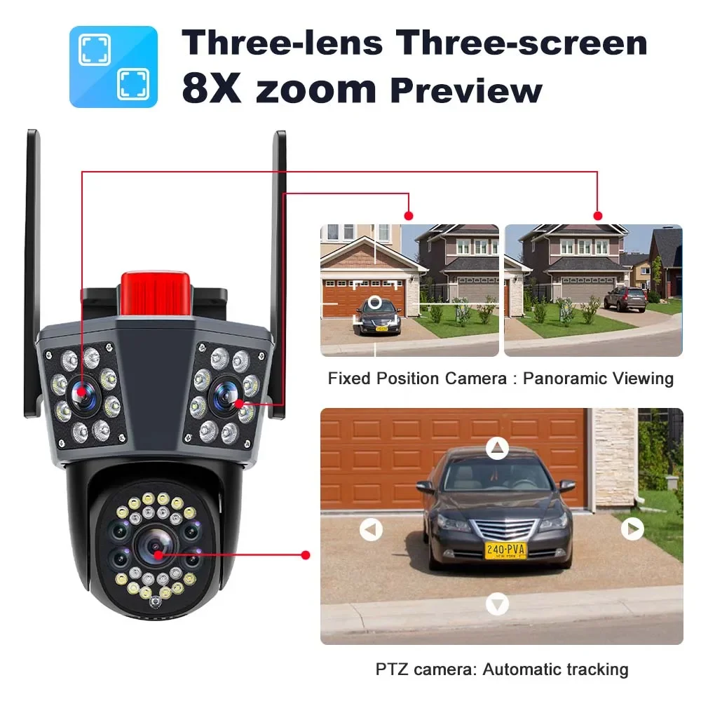 12MP 6K  PTZ WiFi Three Screen Camera Outdoor Three Screens Protection Auto Tracking Motion Detection Video Survalance IP Camera