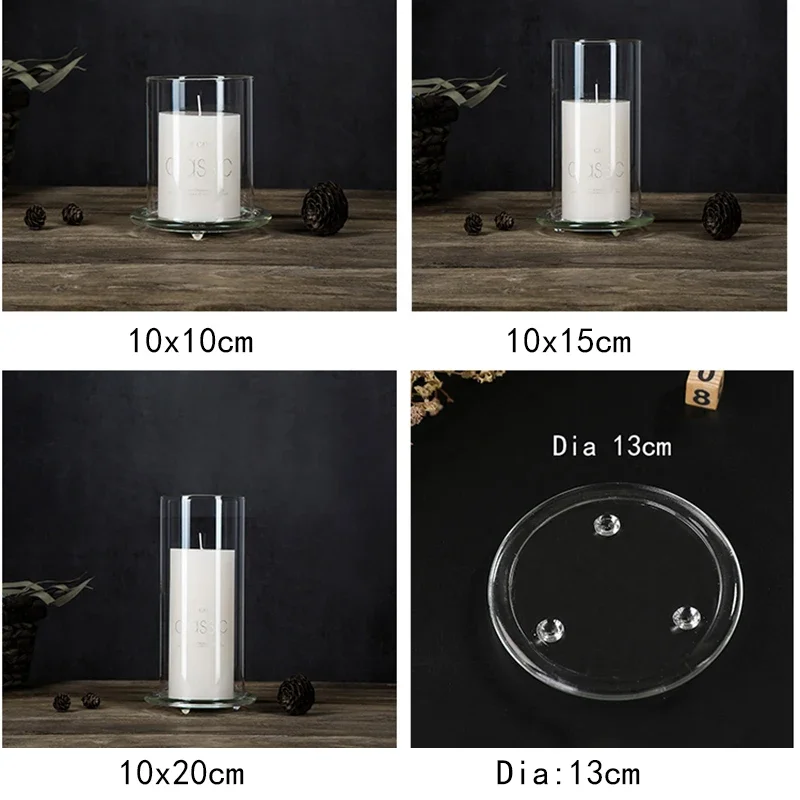 Dia7/10cm 10/15/20cm Hurricane Floating Candle Holder With Plate For Wedding Party Open Ended Glass Cylinder Vase