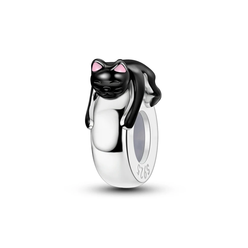 Original 925 Sterling Silver Cute Black Cat Rubber Stopper Charms Bead For Women Fine DIY Birthday Jewelry Gifts