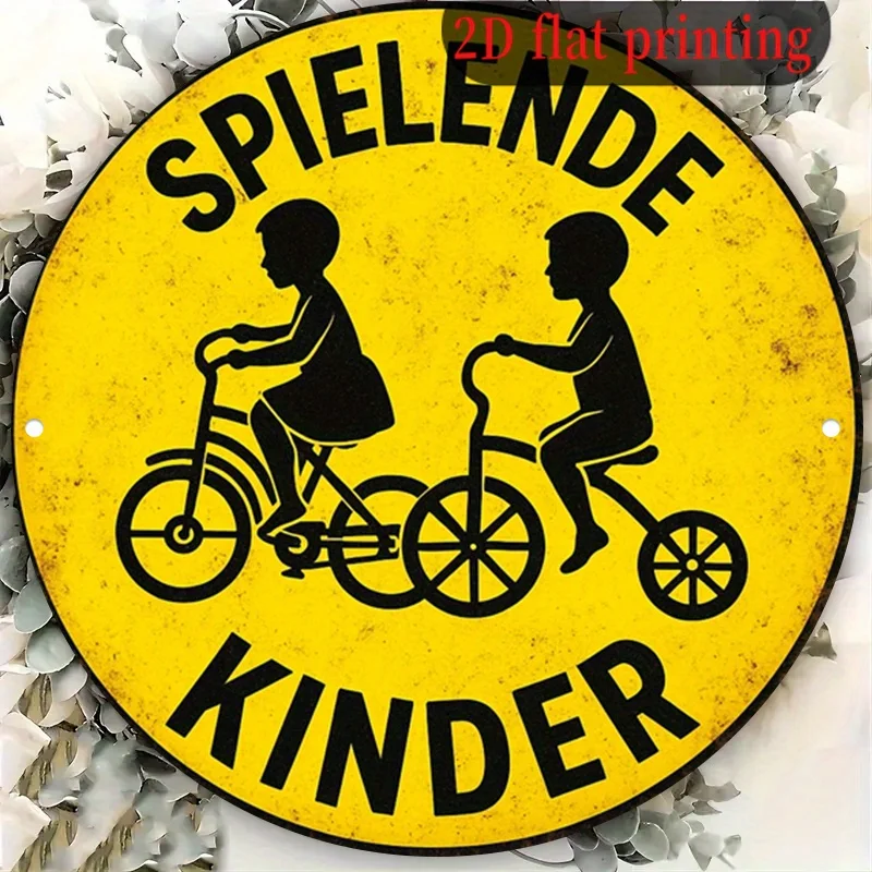 2D Flat - A Vintage Aluminum Sign Featuring 'Children at Play' Designed for Decorating Bicycles Suitable for Enhancing The Decor