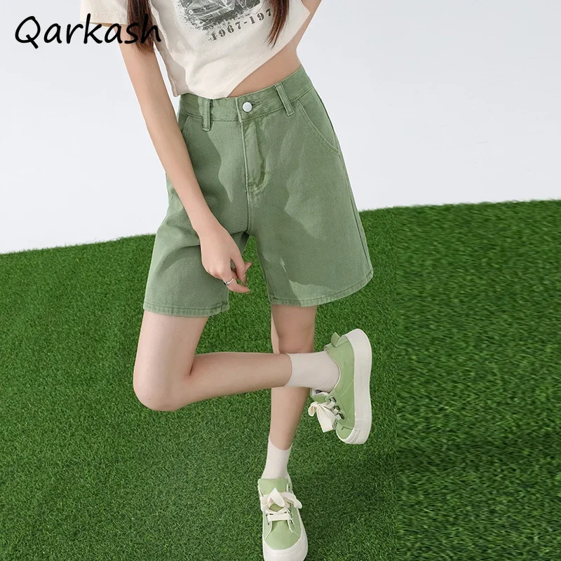 

Denim Shorts Women Summer Green Loose Students Solid Simple Chic A-line American Retro Casual Ins Y2k High Street Knee Length