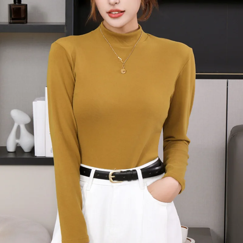 Women Thermal Underwear Tops Slim Fit Thin Velvet Heating Fiber T-Shirt Knitting High Collar Casual Fleece Lined Bottomed Shirt