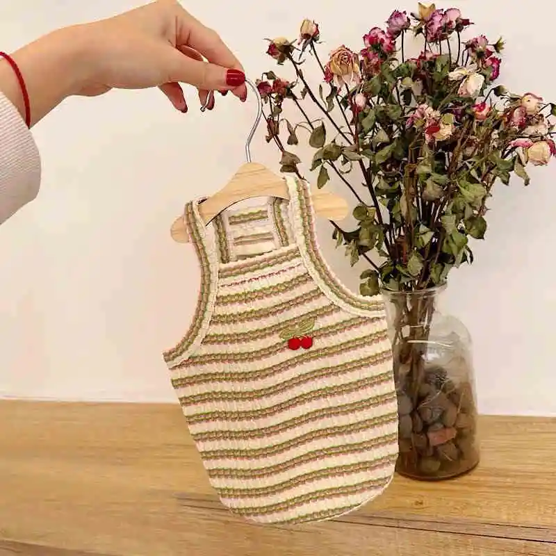 

Beige Striped Puppy Thin Clothes Teddy Cherry Embroidered Sling Bichon Summer Clothes Schnauzer Cute Vest XS-XL