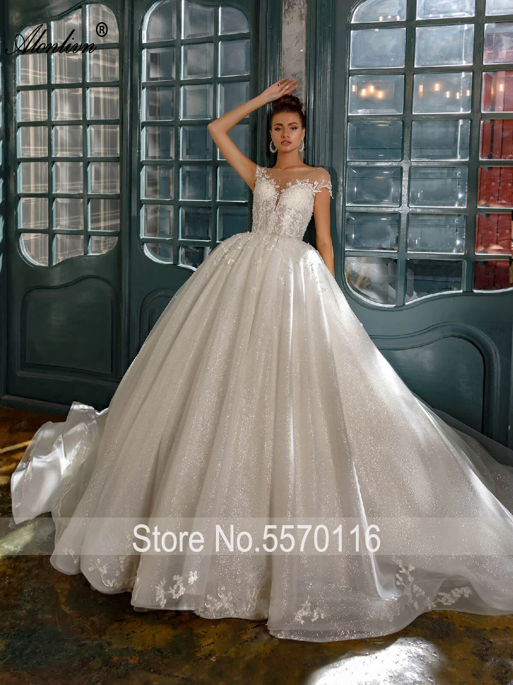 Alonlivn Bling Shiny O-Neck Wedding Dress Elegant Appliques Puffy Ball Gown Bride Skirts