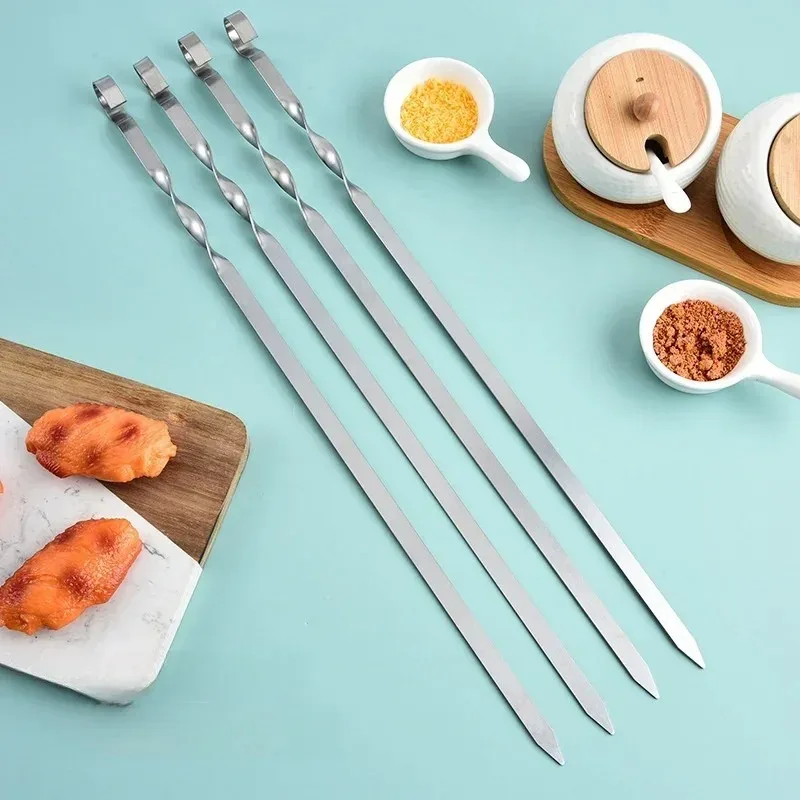 50cm 6 sztuk szpikulec do grillowania szerokie patyczki do grillowania ze stali nierdzewnej płaski widelec do grillowania Outdoor Camping piknik przybory do grillowania akcesoria kuchenne — zdjęcie 4