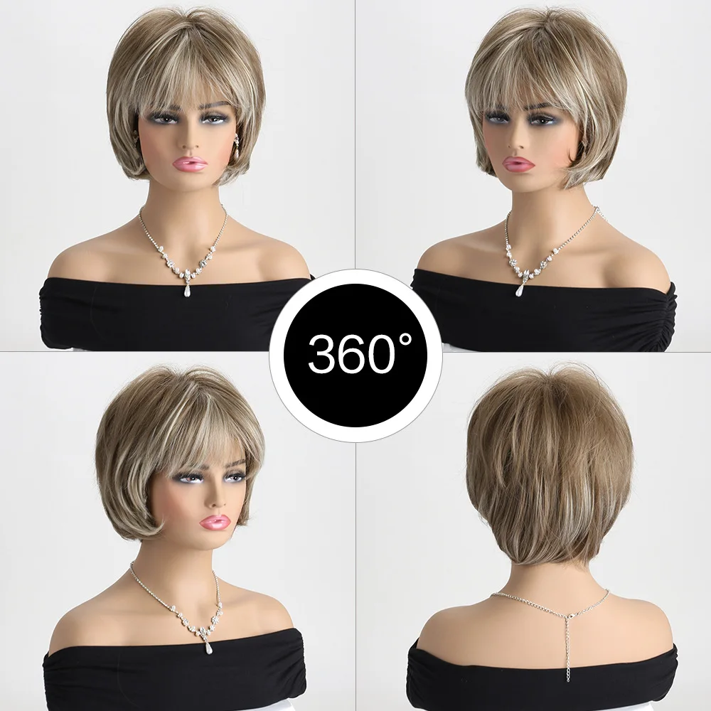 Short Layered Mixed Brown Wig Straight Bob Synthetic Wigs with Bangs for Women Daily/Cosplay Use Heat Resistant Hair