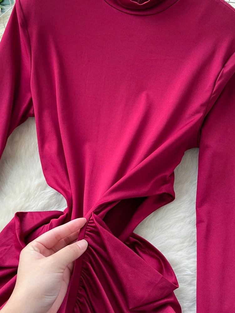 フォームリナ エレガント レディース ハイネック 長袖 ボディコン マキシドレス セクシー ソリッド カットアウト ウエスト ラッフル スリム フォーマル イブニング パーティー ガウン